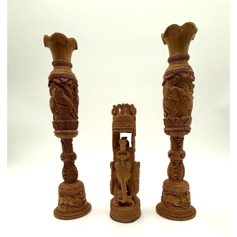 Pair Hand Carved‎ Wooden Flower Bud Vase Elephants Lions Home Garden Decor Art